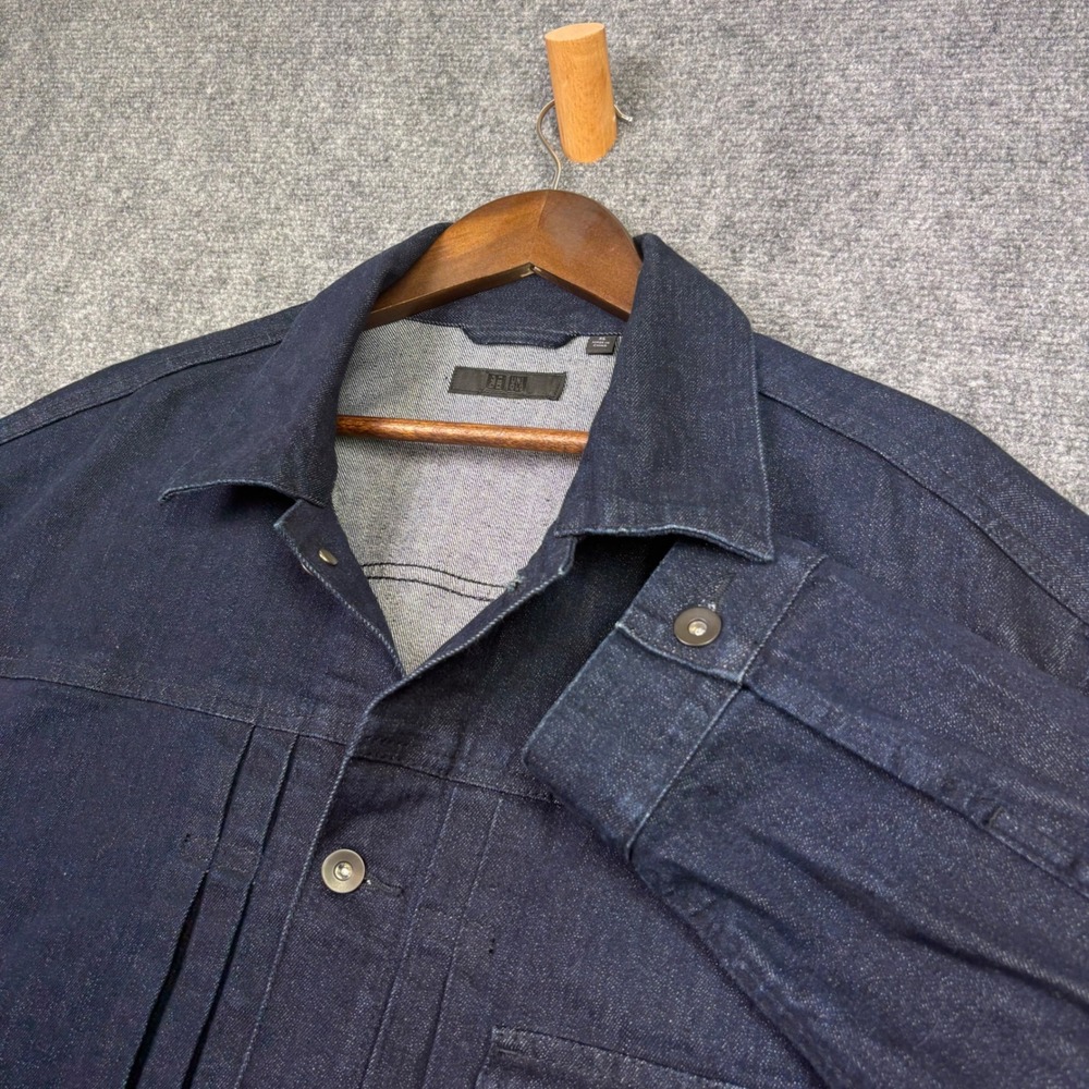 Uniqlo Denim Jacket Mens XL Blue Dark Wash Pleated Utility Trucker 449616